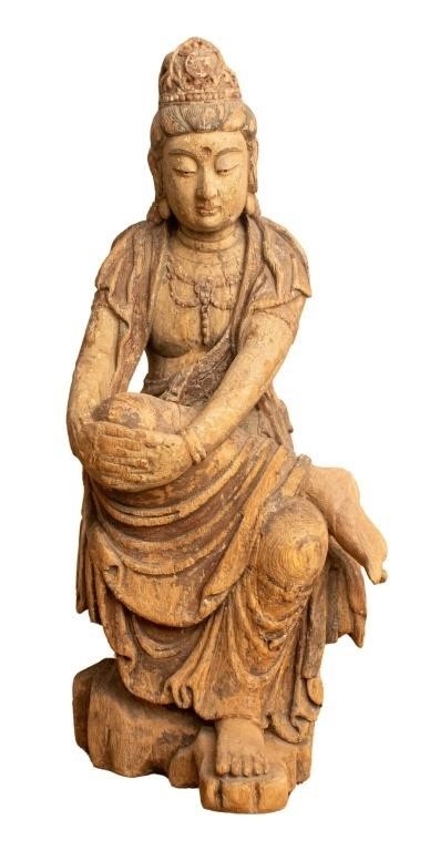 Chinese Monumental Polychrome Carved Wood Guanyin