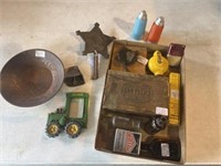 Vintage gold dust pan, John Deer wall hanging,