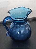 Small Blue Crackle Glass Hand Blown Pitcher