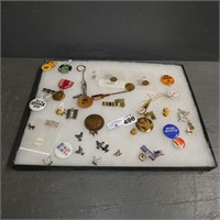 Display Case w/ Collectable Pins, Buttons & Medals