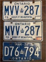 Pair of 1973 Ontario License Plates + one 1978