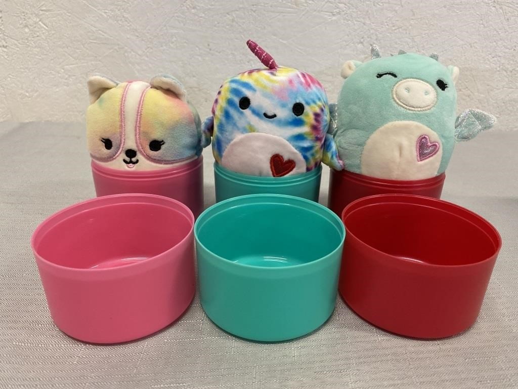 3 Squishmallow Plushies In Containers