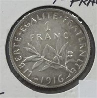 1916 FRANCE (1-FRANC) COIN ( .835 ASW) (VF)