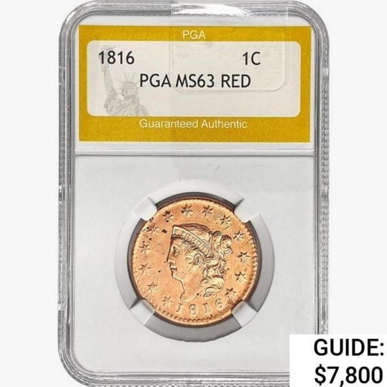 1816 Coronet Head Large Cent PGA MS63 RED