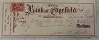 VINTAGE BANK CHECK W/STAMP-BANK OF EDGEFIELD/DATED