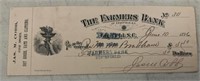 VINTAGE BANK CHECK-THE FARMERS BANK/DATED "1896"