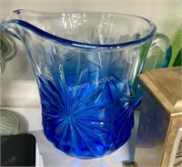 BLUE FLASHED PRESSED GLASS MILK PITCHER