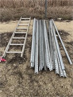 A 8ft  ladder and 21 metal sign poles
