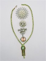 Vintage Green & White Rhinestone Jewelry, Watch