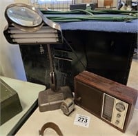 Vintage desk lamp w/ magnifier, radio & pencil....