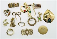 14 Vintage Gold Tone Brooches - Many Styles