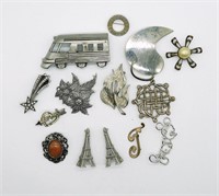 14 Vintage Silver Tone Brooches - Many Styles