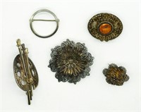 5 Vintage Bronze & Silver Tone Brooches