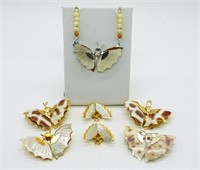 Vintage Shell Wing Butterfly Necklace, Pins, Earri