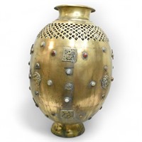 MCM Pierced Brass Vase/Urn - Polished Stones