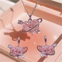 Pink crystal Heart Necklace Earring Set