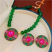 Pink and green neckalce and earrring set