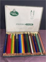 Colored pencils in Castell tin box. One hinge is