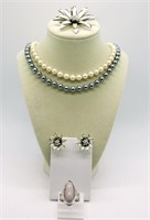 Flower Brooch Set, Pearls & Ring