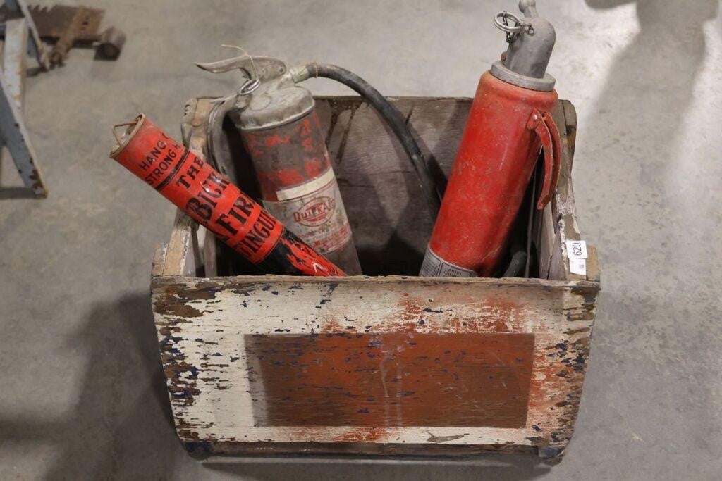 3 FIRE EXTINGUISHERS & WOODEN CRATE