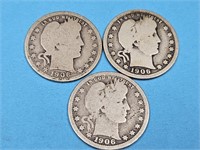 3- 1906 Silver Barber Quarters
