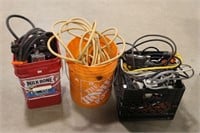 3 BUCKETS OF EXTENSION CORDS & POWER BARS