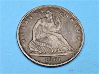 1861 Silver  Seated  Liberty Half Dollar Coin