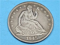 1845 Silver Sealed  Liberty Half Dollar Coin