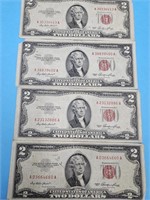 4- 1953 Red Seal $2 Currency Bills