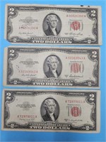 3- 1953 Mixed Red Seal $2 Currency Bills