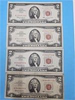 4- 1963  Red Seal $2 Currency Bills