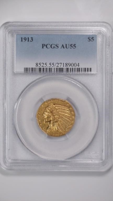 1913 $5 Gold Indian Head PCGS AU 55