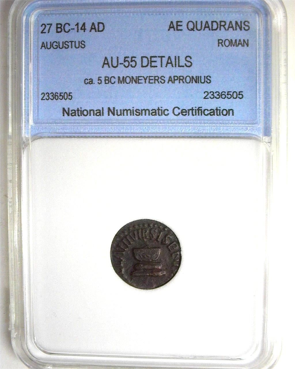 27 BC-14 AD Augustus NNC AU55 Details AE Quadrans