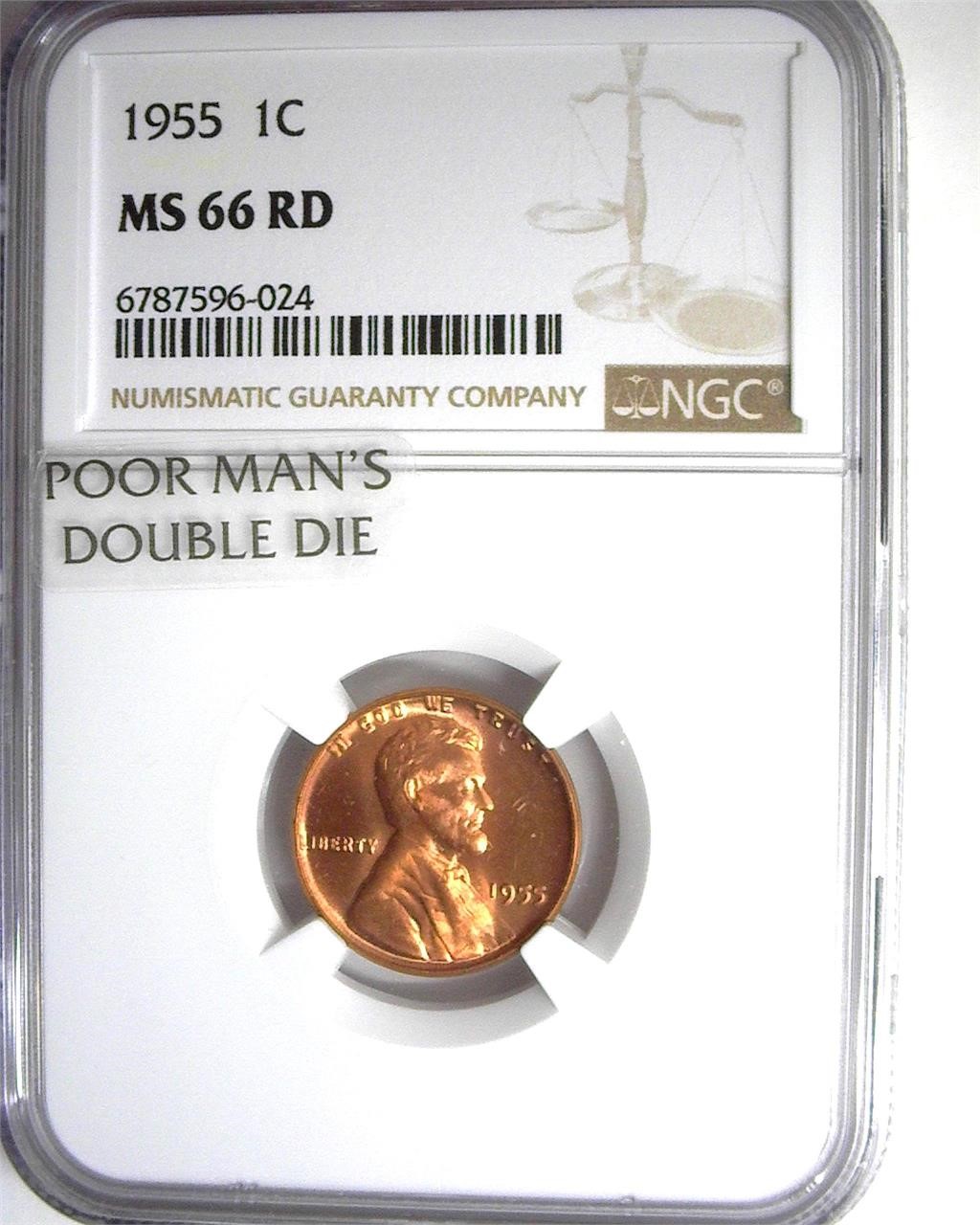 1955/55 Cent NGC MS66 RD Poor Man's Dbl Die