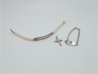 Sterling Silver Bracelet Cross & Pearl LOT