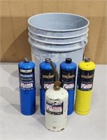 Bucket of BernzOmatic Propane Bottles and Torch,