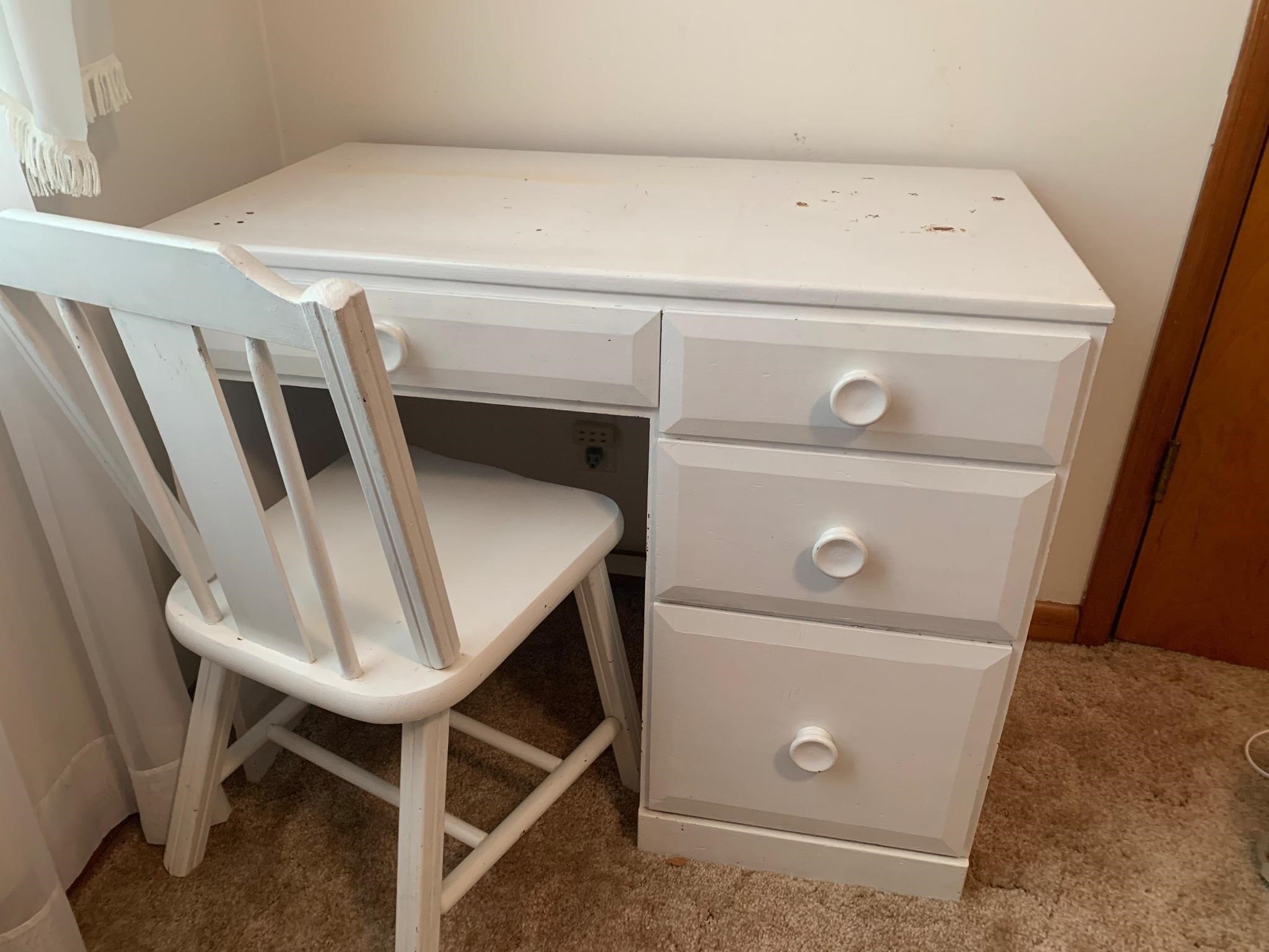 White Wooden Desk with Chair