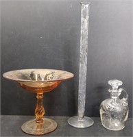 Art & Cut Glass Vase; Cruet Bottle & Compote