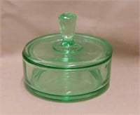 1930's New Martinsville green glass powder jar,