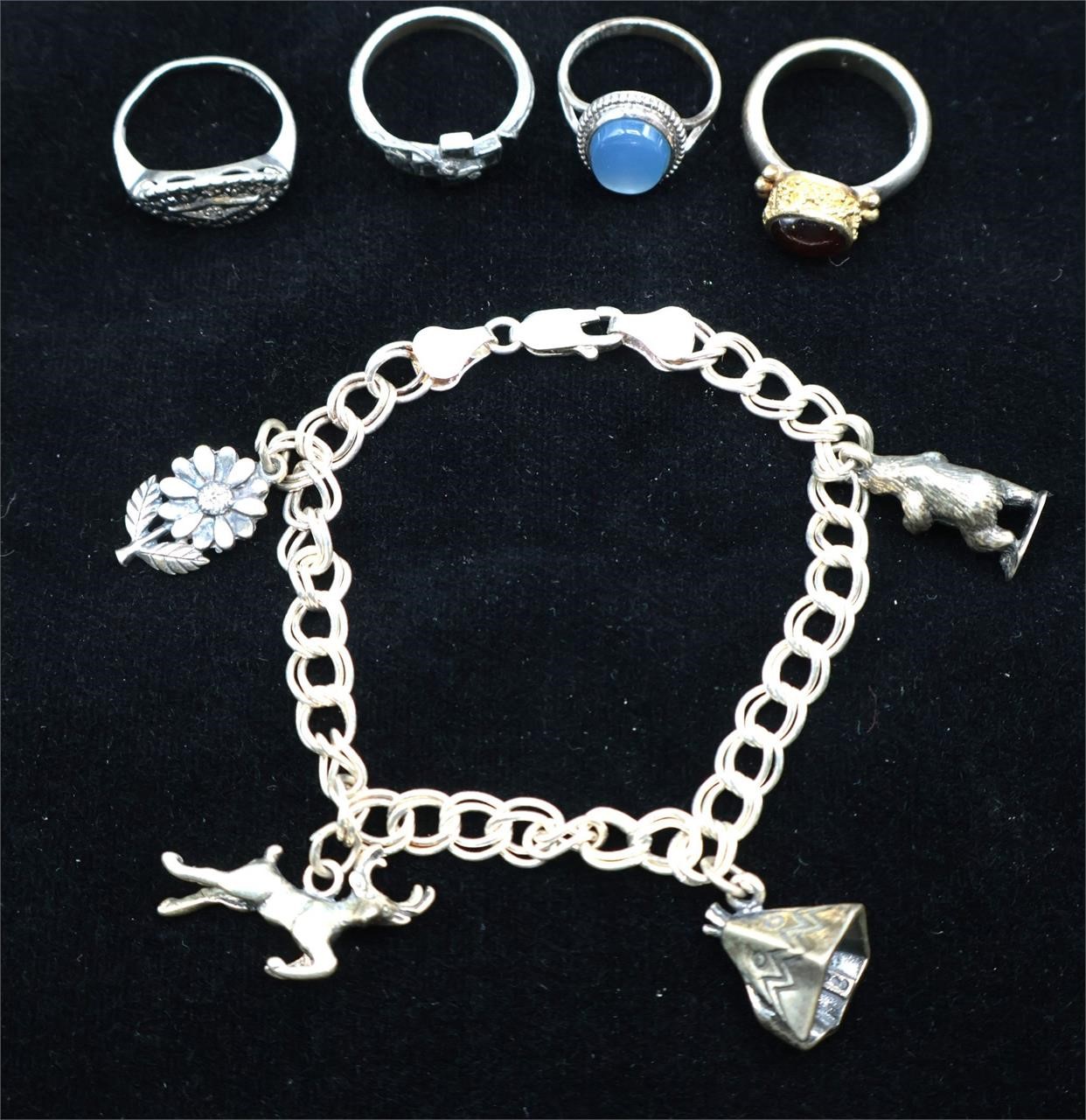 4 Sterling Rings & Charm Bracelet - 28g