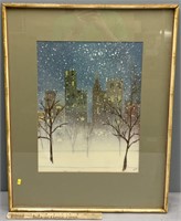 Winter City Skyline Watercolor Painting