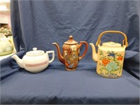 3 teapots including Japanese Satsuma Moriage Ved