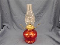 Red base glass kerosene / oil lamp w/ chimney,