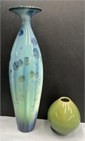 Iridized Turquoise Art Pottery Vase, signed +