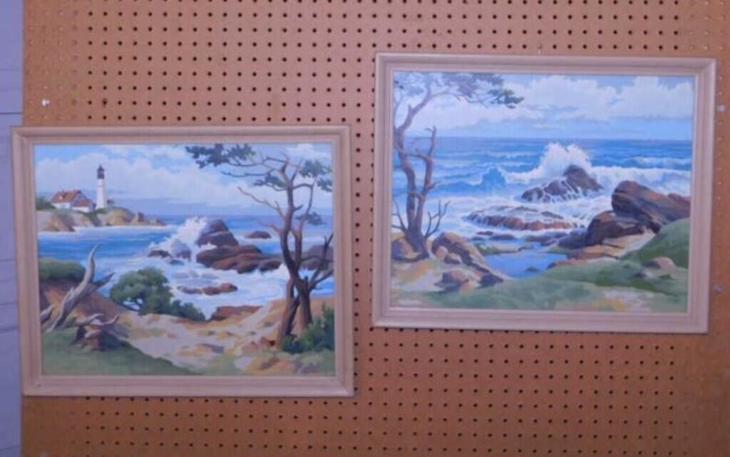 2 paint by number seascape oil paintings, framed,