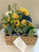 Blue Vase Basket with bouquet, and tableware