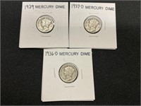 1936D, 1937D & 1939 Mercury Dimes
