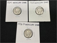 1934, 1935 & 1936D Mercury Dimes