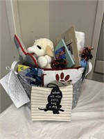 Dog Lover Gift Basket with dog decor and chew