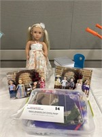 18” doll with 9 hand sewn outfits and desk